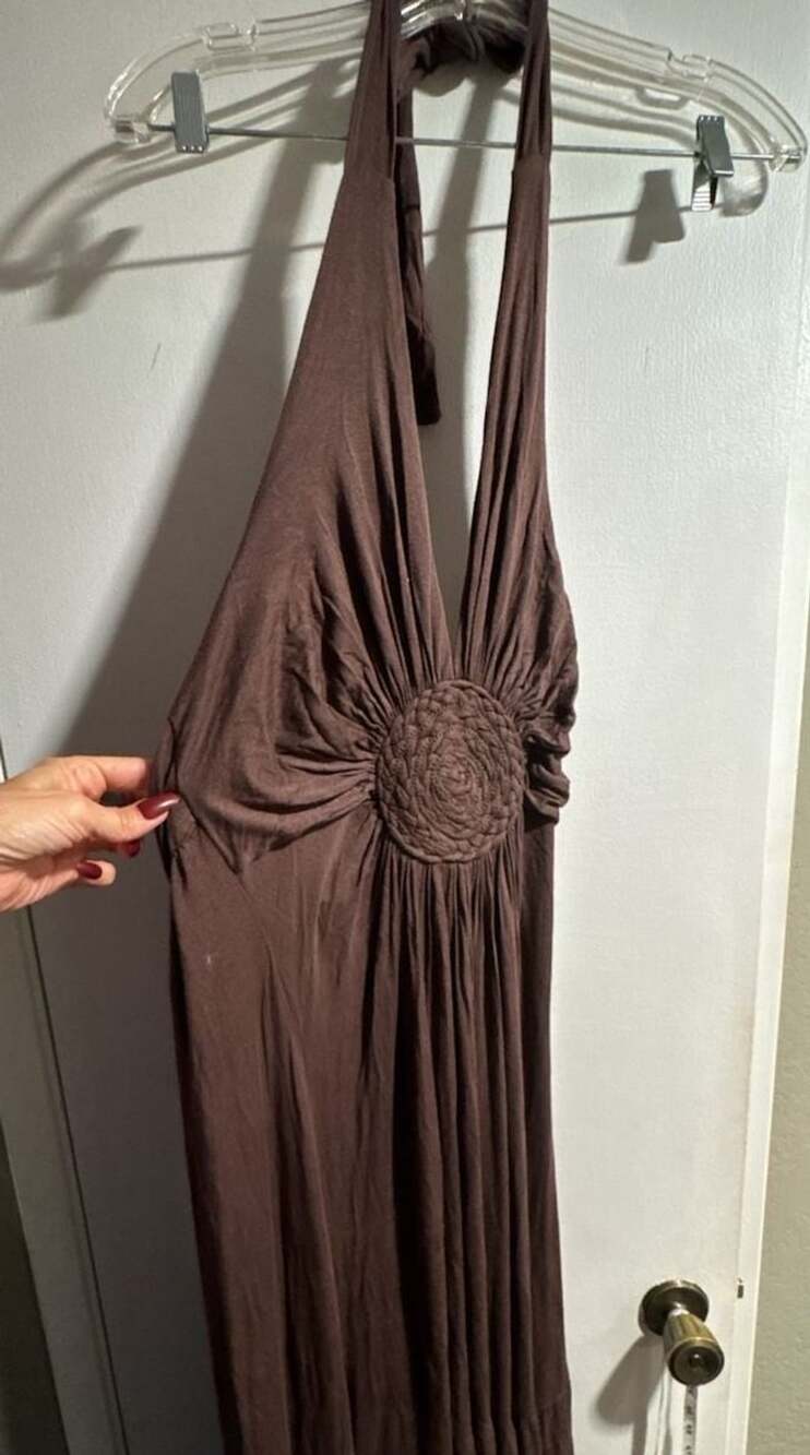 Twenty One Halter Maxi Dress Size M Brown Ruched Rosette